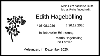 Traueranzeige von Edith Hagebölling von HNA