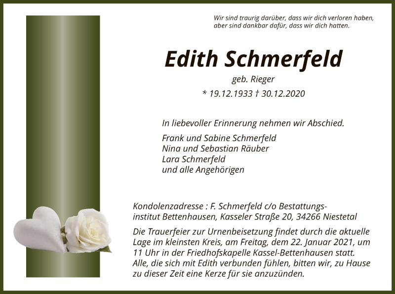  Traueranzeige für Edith Schmerfeld vom 16.01.2021 aus HNA