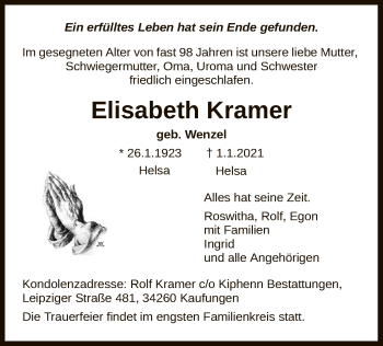 Traueranzeige von Elisabeth Kramer von HNA