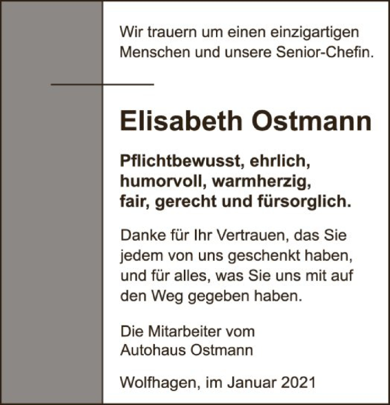  Traueranzeige für Elisabeth Ostmann vom 09.01.2021 aus HNA
