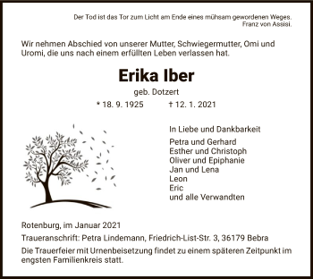 Traueranzeige von Erika Iber von HNA