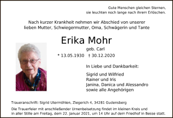 Traueranzeige von Erika Mohr von HNA