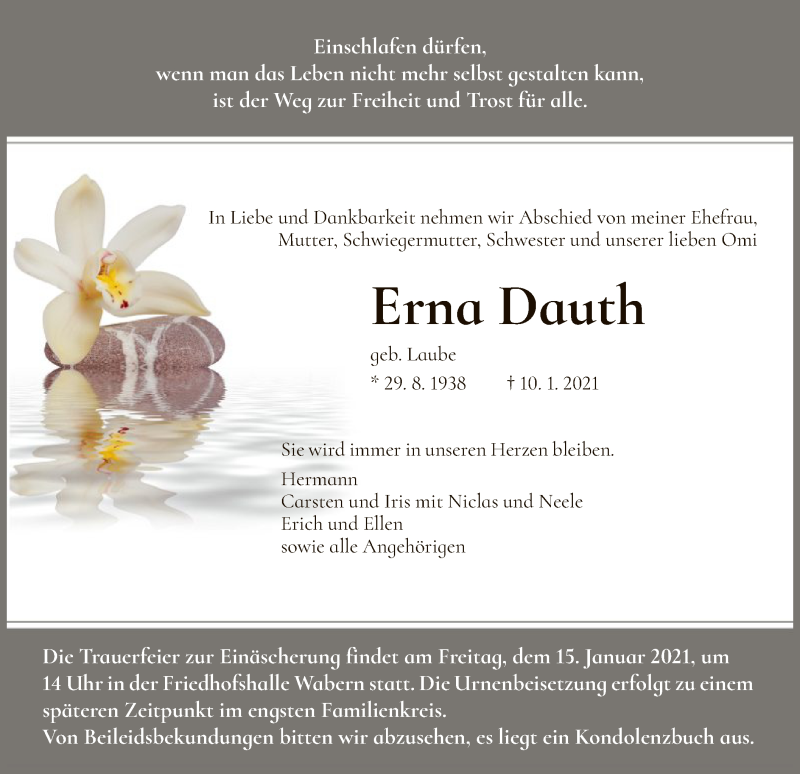  Traueranzeige für Erna Dauth vom 13.01.2021 aus HNA