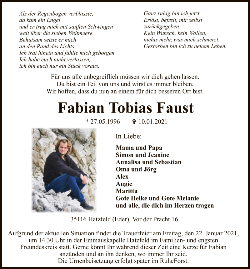  Traueranzeige für Fabian Tobias Faust vom 16.01.2021 aus HNA