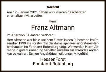 Traueranzeige von Franz Altmann von HNA
