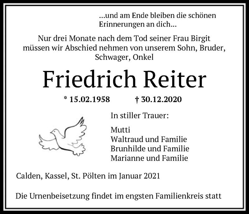  Traueranzeige für Friedrich Reiter vom 30.01.2021 aus HNA