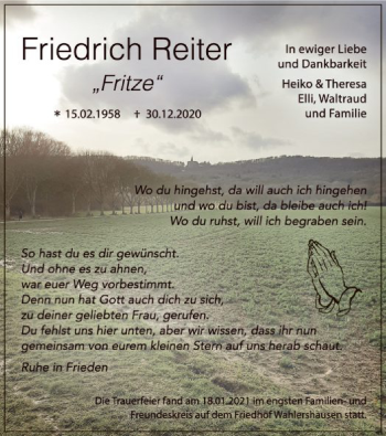 Traueranzeige von Friedrich Reiter von HNA