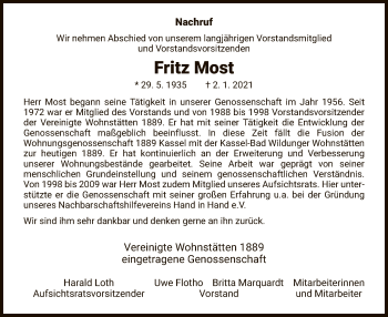 Traueranzeige von Fritz Most von HNA