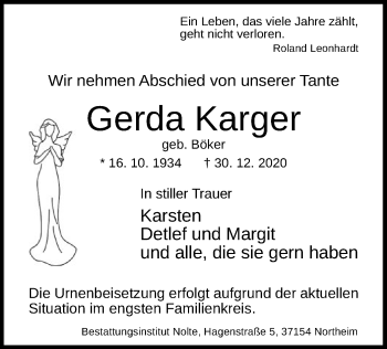 Traueranzeige von Gerda Karger von HNA