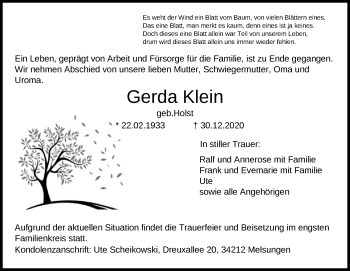 Traueranzeige von Gerda Klein von HNA