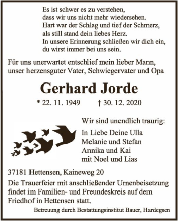 Traueranzeige von Gerhard Jorde von HNA