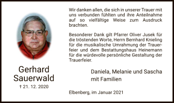 Traueranzeige von Gerhard Sauerwald von HNA