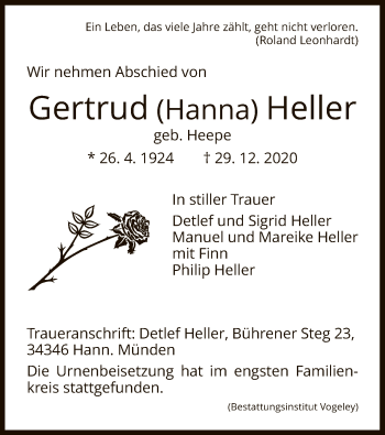 Traueranzeige von Gertrud Heller von HNA