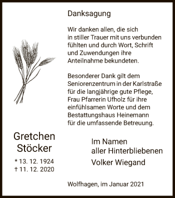 Traueranzeige von Gretchen Stöcker von HNA