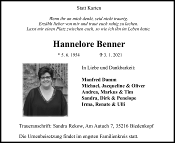 Traueranzeige von Hannelore Benner von HNA