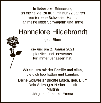 Traueranzeige von Hannelore Hildebrandt von HNA