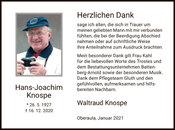 Traueranzeige von Hans-Joachim Knospe von HNA