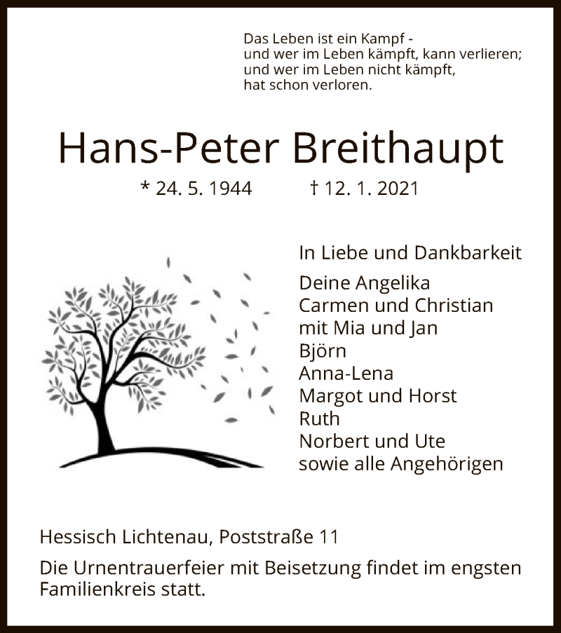  Traueranzeige für Hans-Peter Breithaupt vom 16.01.2021 aus HNA