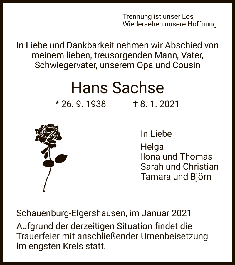  Traueranzeige für Hans Sachse vom 15.01.2021 aus HNA
