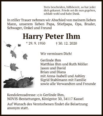 Traueranzeige von Harry Peter Ihm von HNA