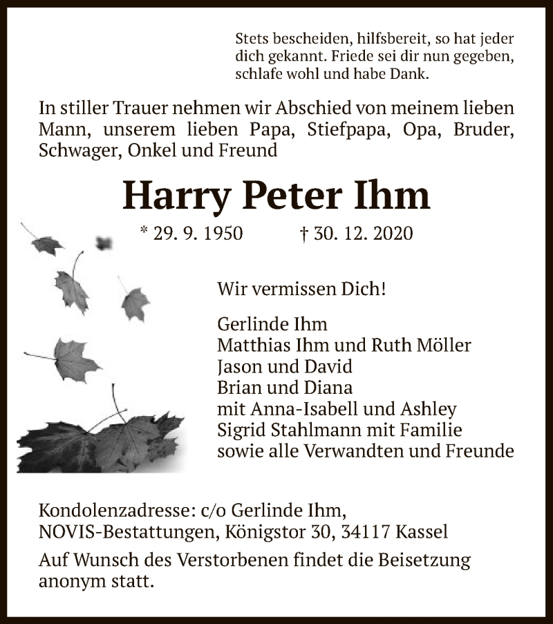  Traueranzeige für Harry Peter Ihm vom 09.01.2021 aus HNA