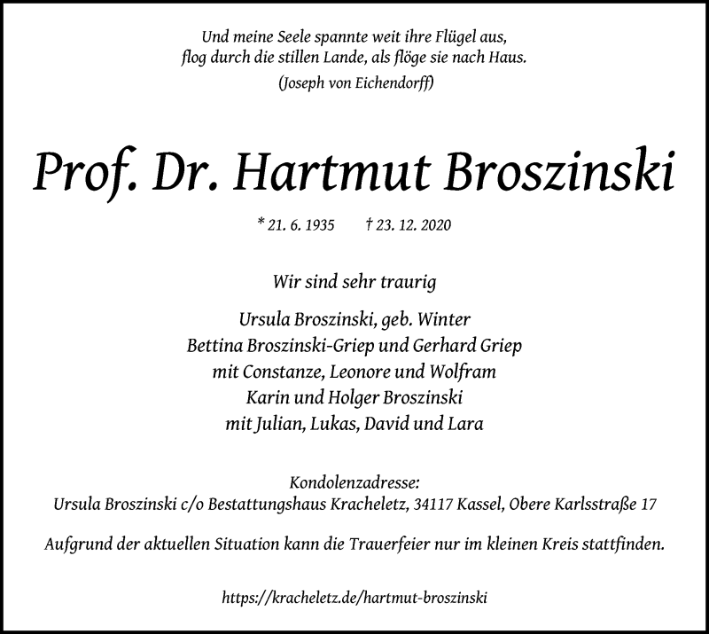  Traueranzeige für Hartmut Broszinski vom 02.01.2021 aus HNA