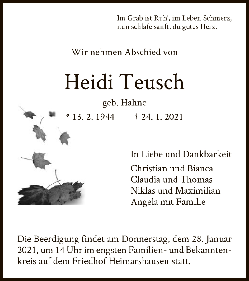  Traueranzeige für Heidi Teusch vom 27.01.2021 aus HNA