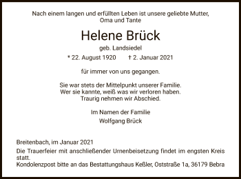 Traueranzeige von Helene Brück von HNA