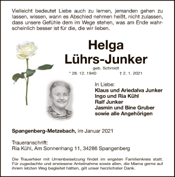 Traueranzeige von Helga Lührs-Junker von HNA