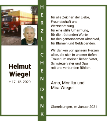 Traueranzeige von Helmut Wiegel von HNA