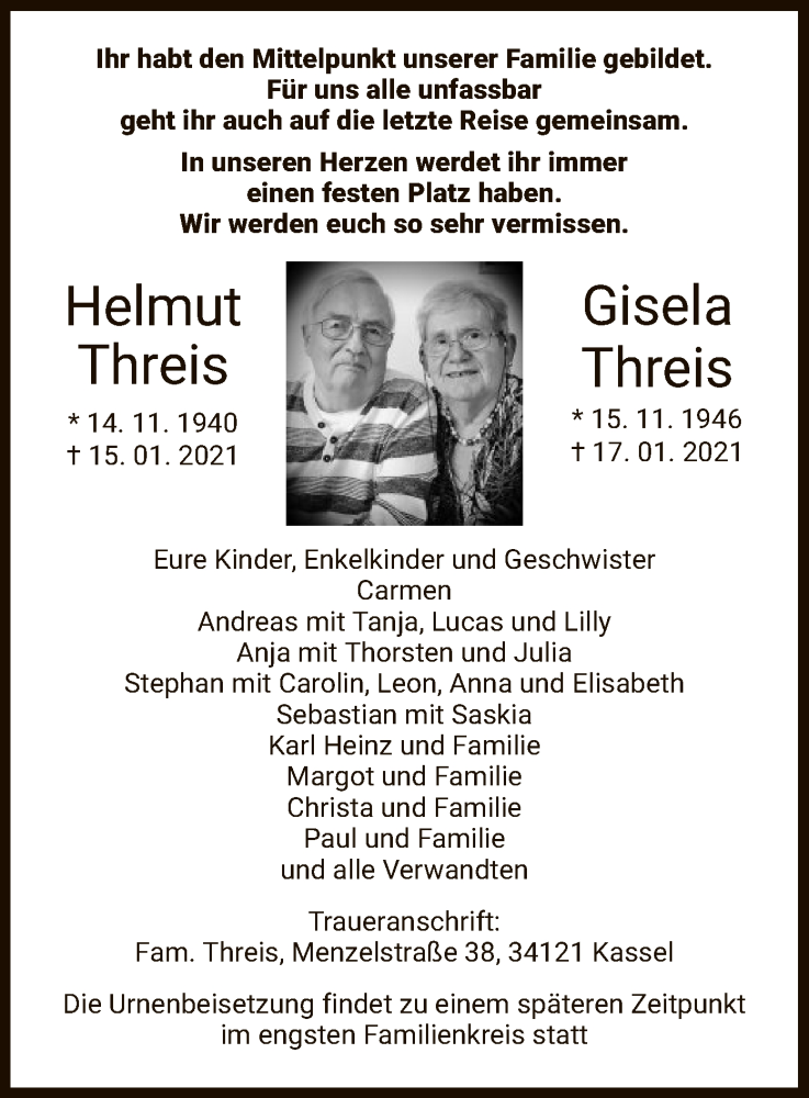  Traueranzeige für Helmut und Gisela Threis vom 23.01.2021 aus HNA