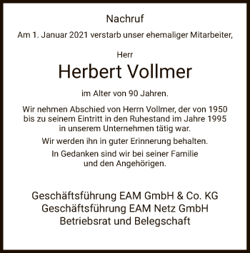 Traueranzeige von Herbert Vollmer von HNA