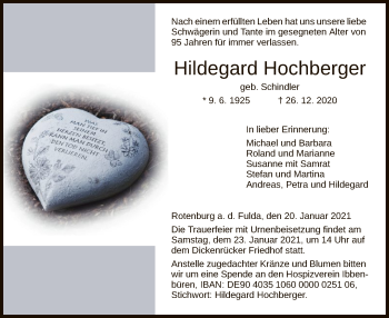 Traueranzeige von Hildegard Hochberger von HNA