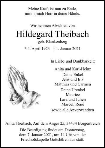 Traueranzeige von Hildegard Theibach von HNA