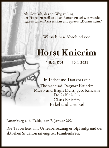 Traueranzeige von Horst Knierim von HNA