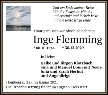 Traueranzeige von Inge Flemming von HNA