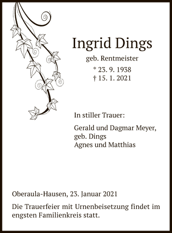 Traueranzeige von Ingrid Dings von HNA