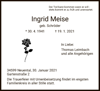 Traueranzeige von Ingrid Meise von HNA