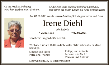 Traueranzeige von Irene Diehl von HNA