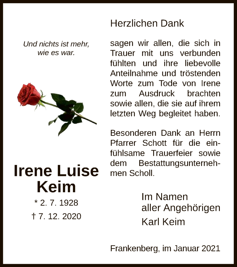 Traueranzeigen von Irene Luise Keim | Trauer.HNA.de