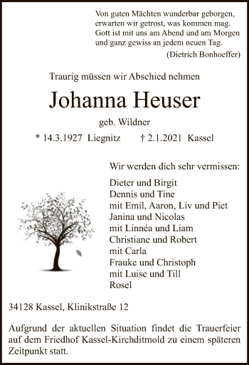 Traueranzeige von Johanna Heuser von HNA