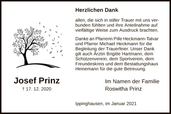 Traueranzeige von Josef Prinz von HNA