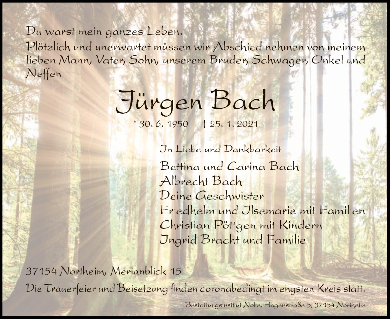  Traueranzeige für Jürgen Bach vom 30.01.2021 aus HNA