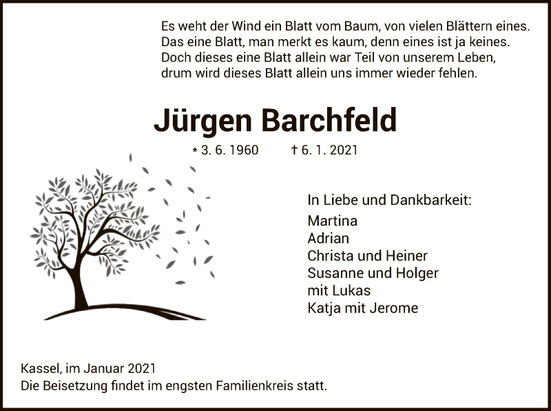 Traueranzeige für Jürgen Barchfeld vom 13.01.2021 aus HNA