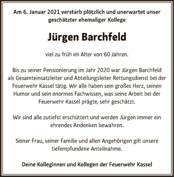 Traueranzeige von Jürgen Barchfeld von HNA