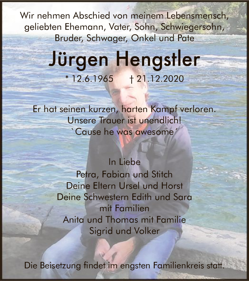  Traueranzeige für Jürgen Hengstler vom 09.01.2021 aus HNA
