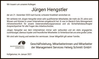 Traueranzeige von Jürgen Hengstler von HNA