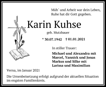 Traueranzeige von Karin Kuhse von HNA