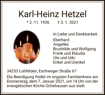 Traueranzeige von Karl-Heinz Hetzel von HNA