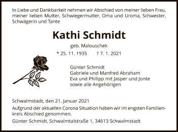 Traueranzeige von Kathi Schmidt von HNA